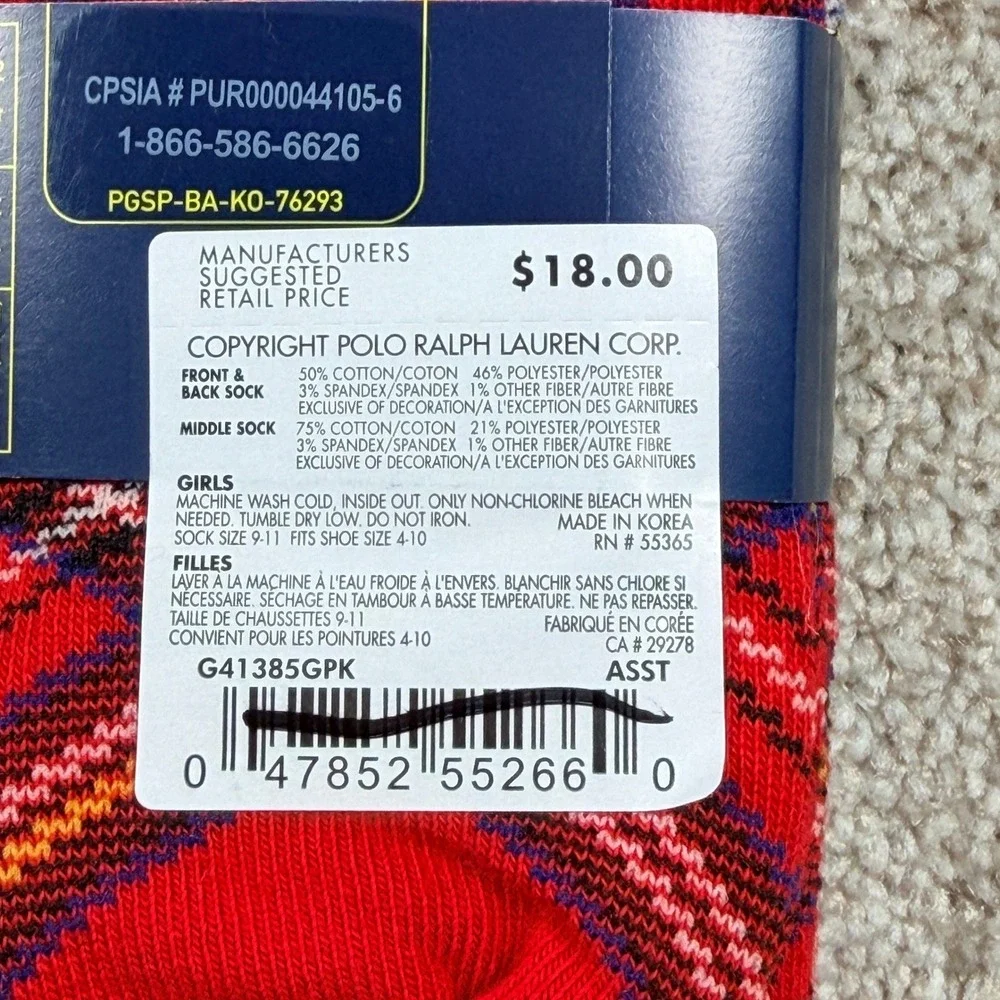 Polo Ralph Lauren Girls 3 Pack Crew Socks Plaid Navy Cable Knit Size 9-11 NEW